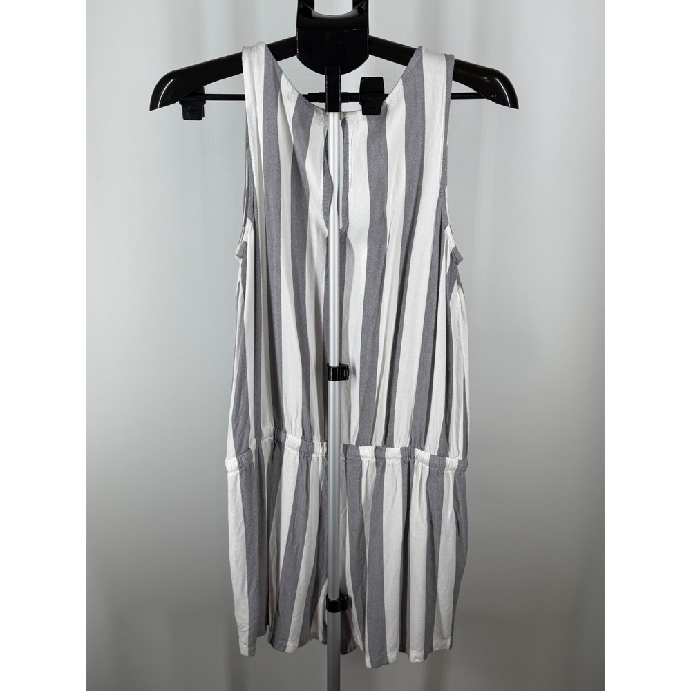 Banana Republic Women Gray White Striped Sleeveless Romper Size L Pockets Rayon - Picture 3 of 8